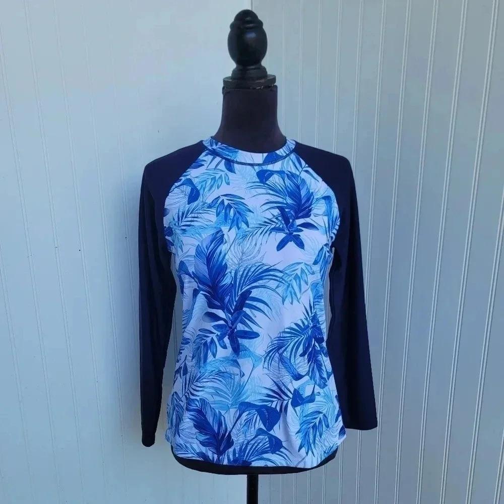 Holipick Womens Long Sleeve Rash Guard Swimsuit Swim Top Navy Blue White Leaf M